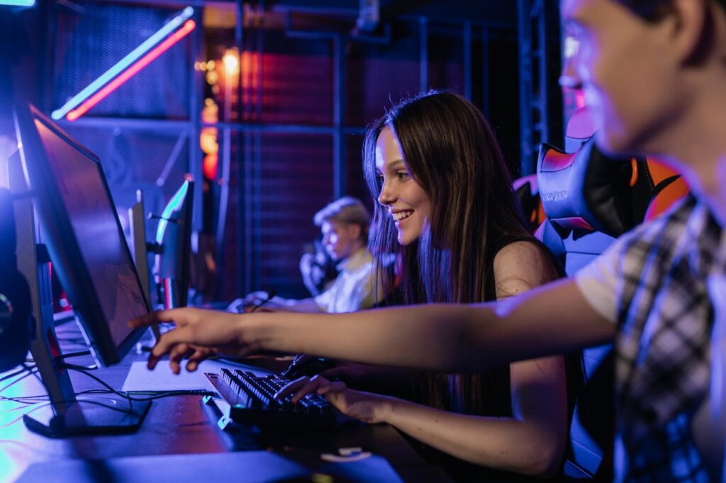 A Girl Smiling while Playing a Game